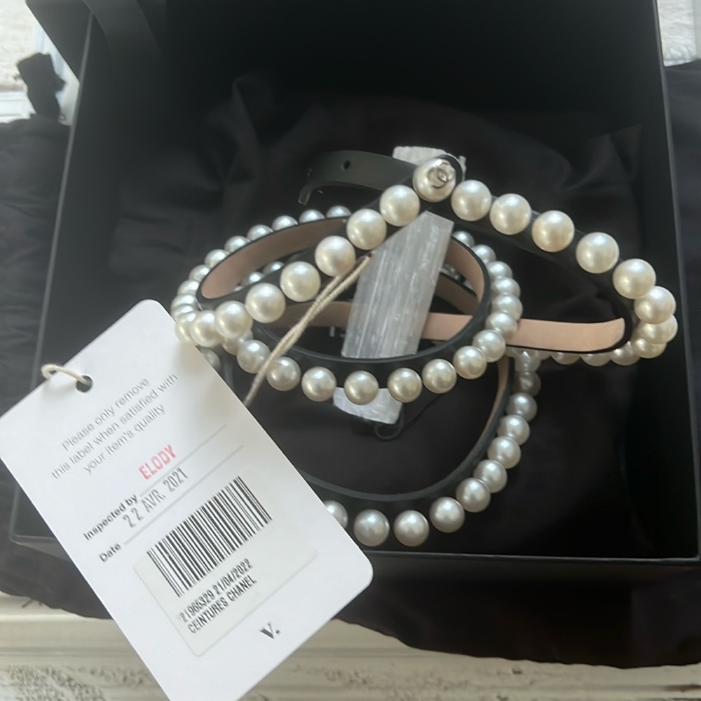 Rare Chanel Pearl Black Leather Belt.